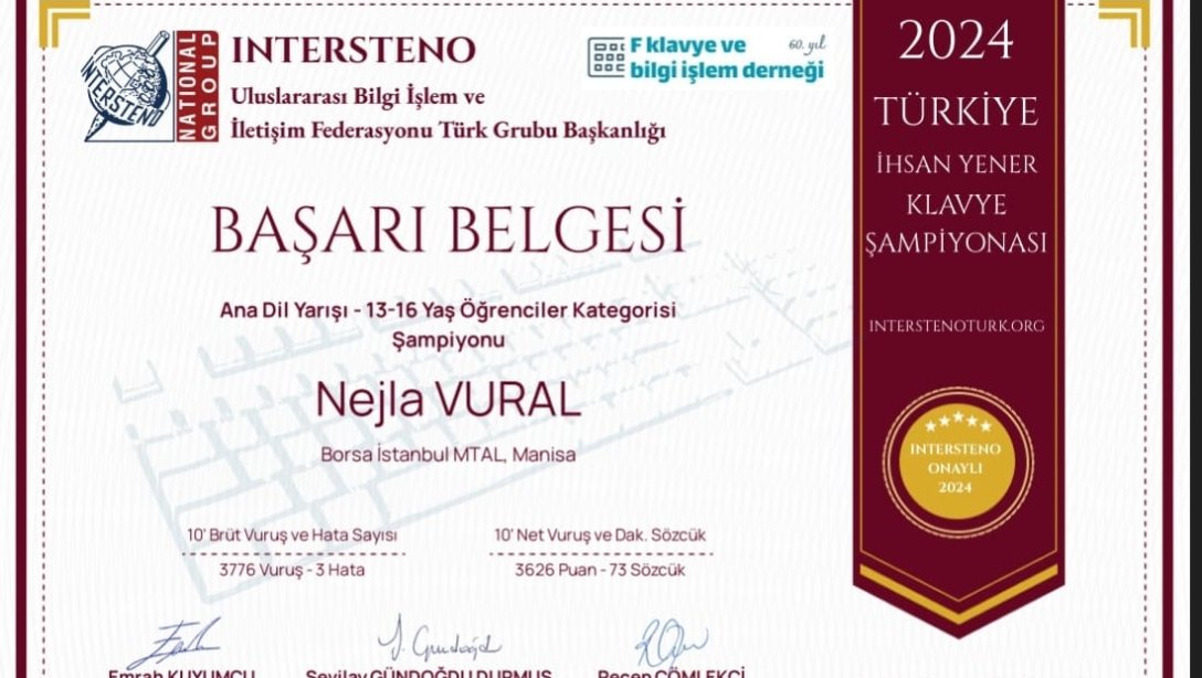 2024 Türkiye İhsan YENER Klavye Şampiyonasında Derece Elde Eden Öğrencimiz Nejla VURAL Türkiye 1.si Oldu
